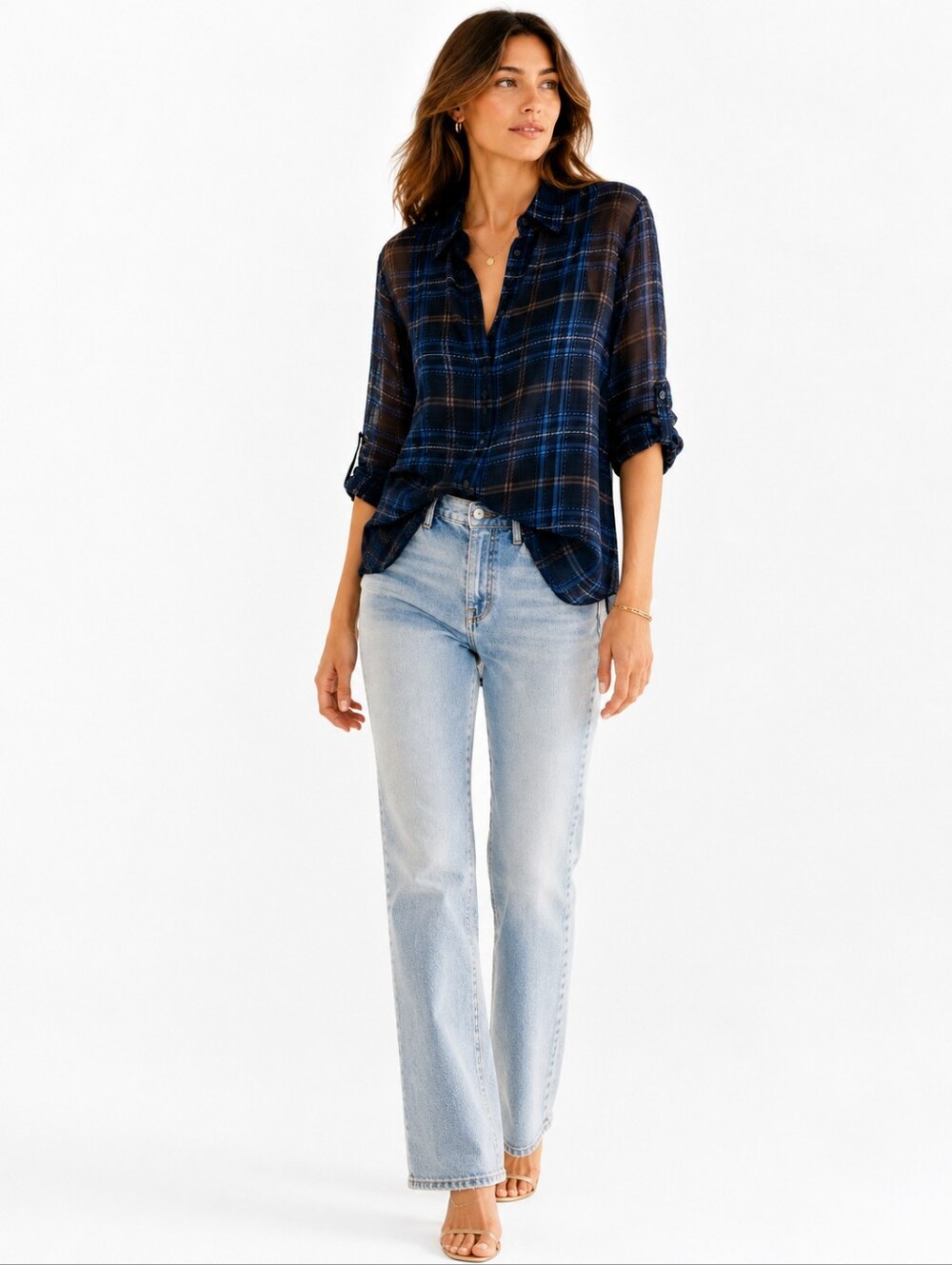 Babaton Plaid Chiffon Button Front Blouse Small Blue Sheer Roll Tab Top